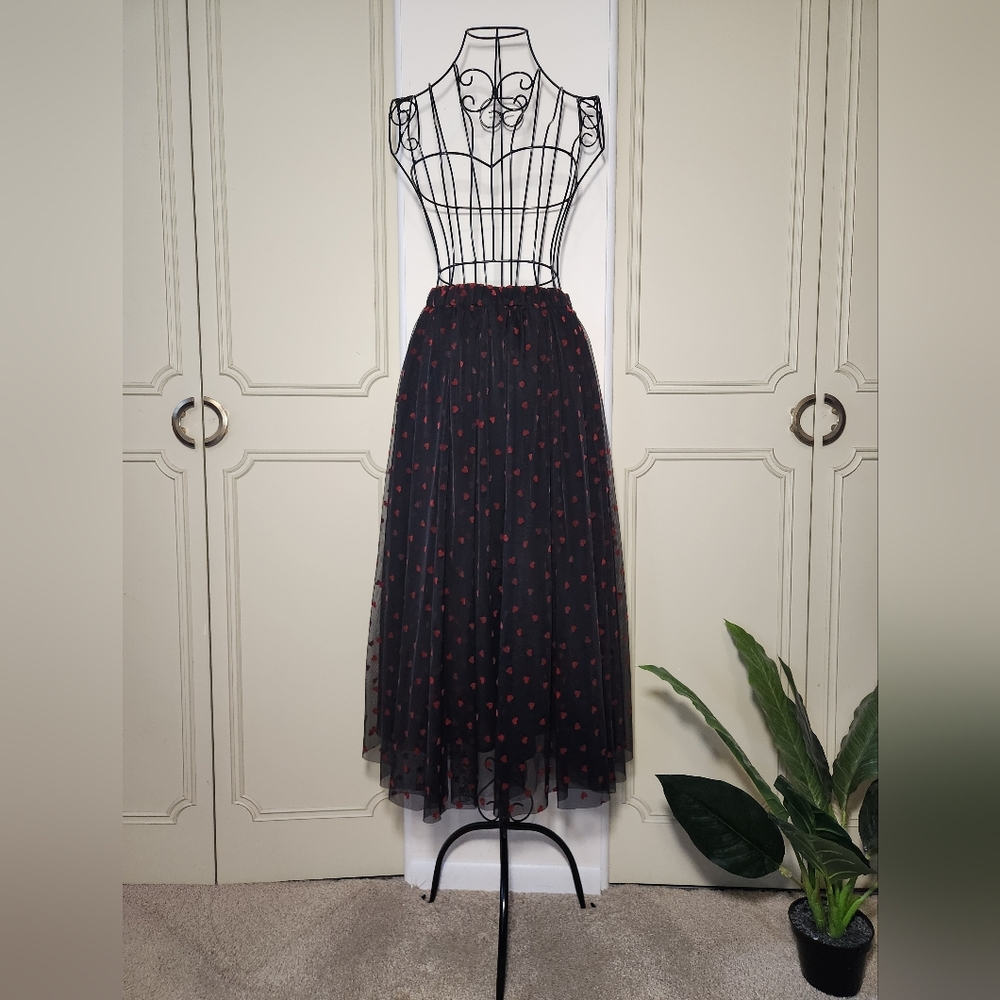 Unique Vintage Black Tulle Skirt with Red Velvet Hearts
